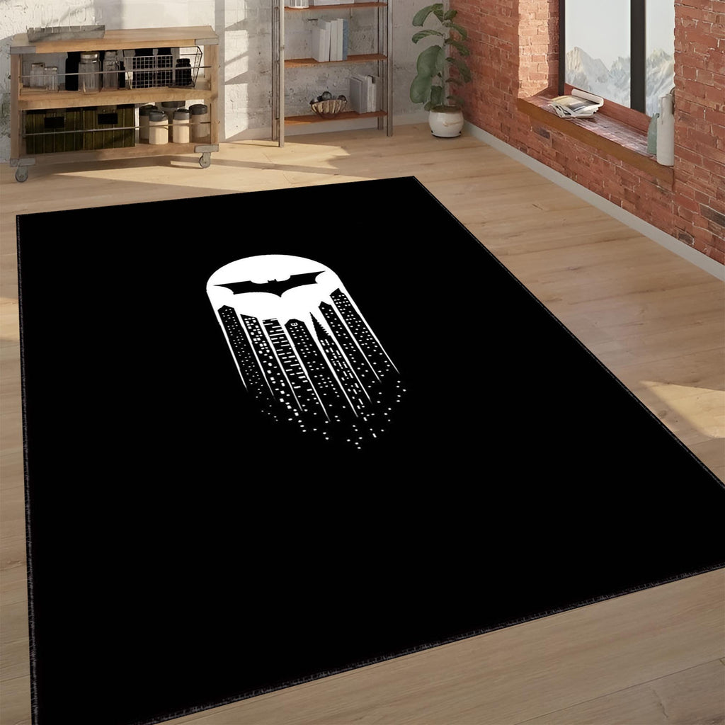 Minimalist Bat Signal & Gotham City Skyline Rug | Black Superhero Fan Mat