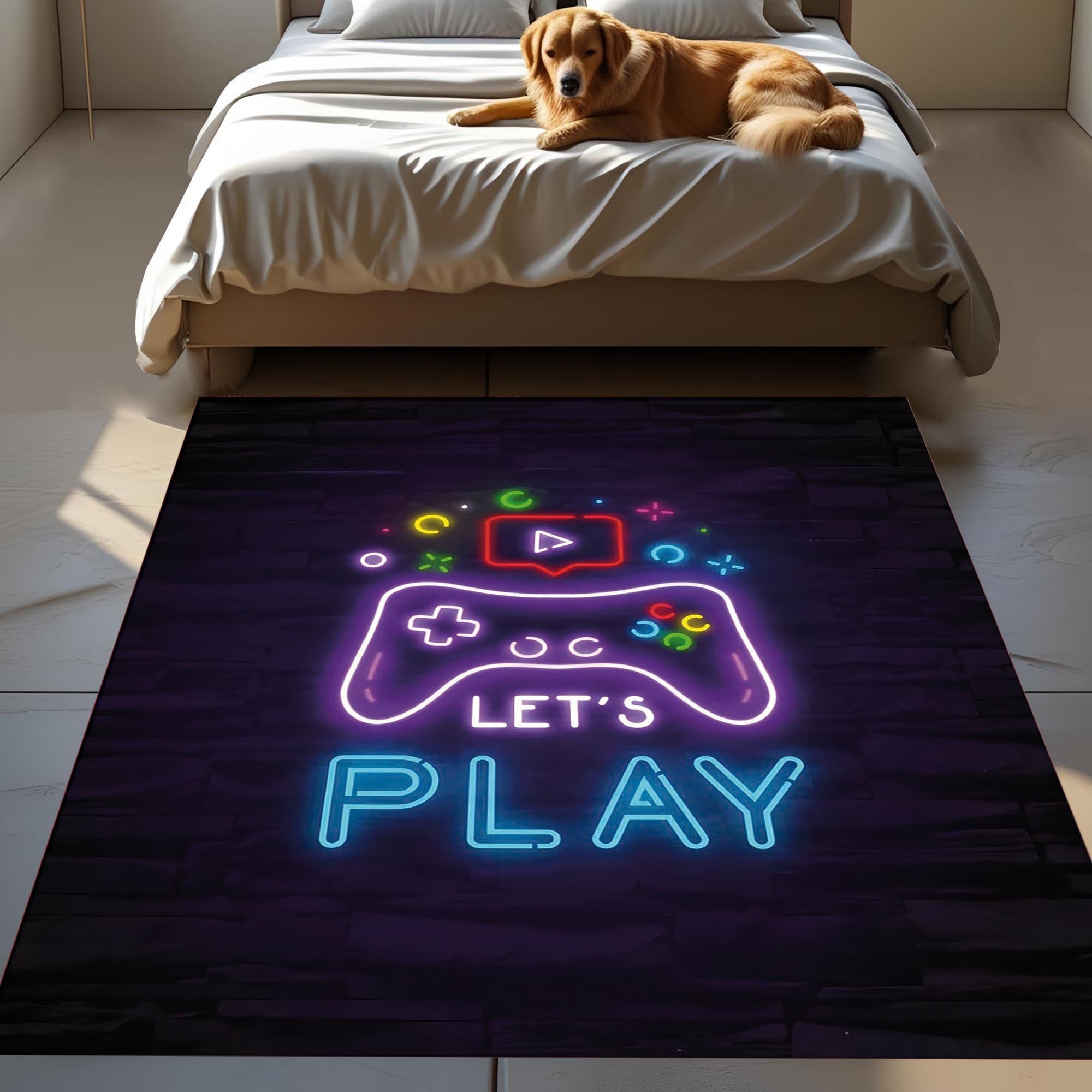 Let’s Play Neon Rug – Gamer Room Carpet with LED Style Controller Design