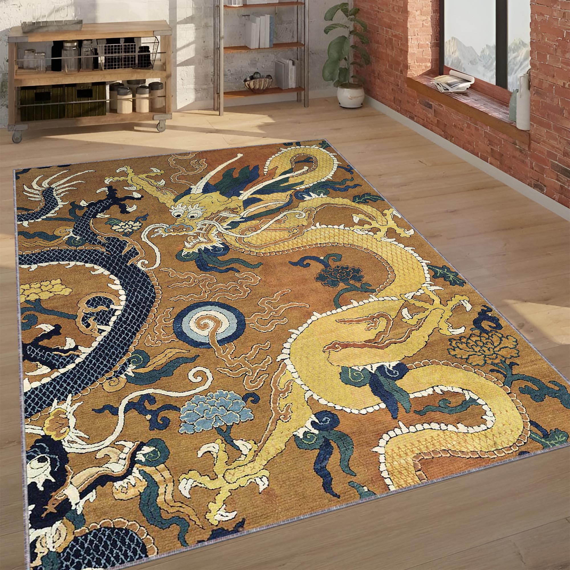 Oriental Dragon Area Rug | Traditional Chinese Mythological Art Floor Mat