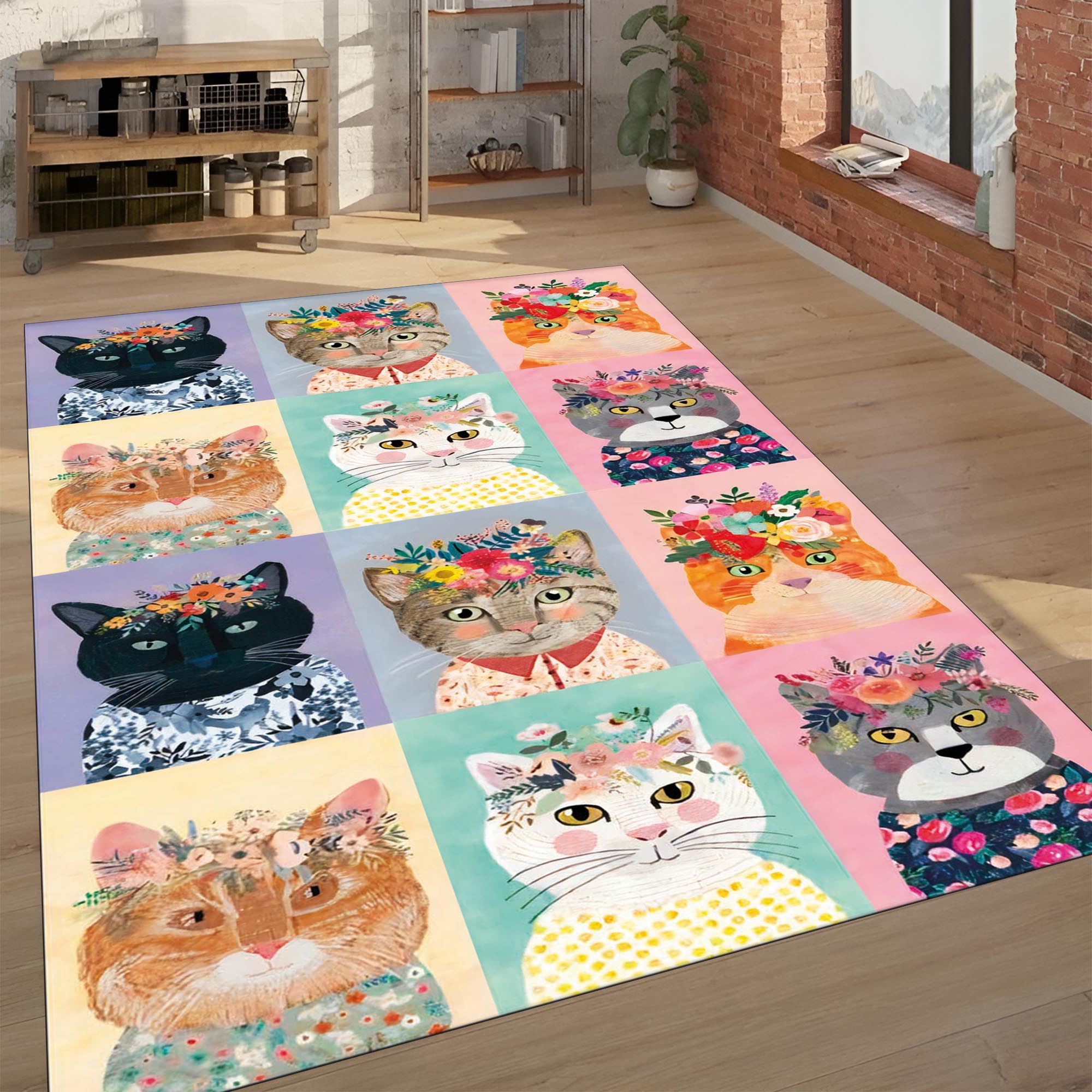 Flower Crown Cats Area Rug | Colorful Pop Art Cat Portrait Collage Mat
