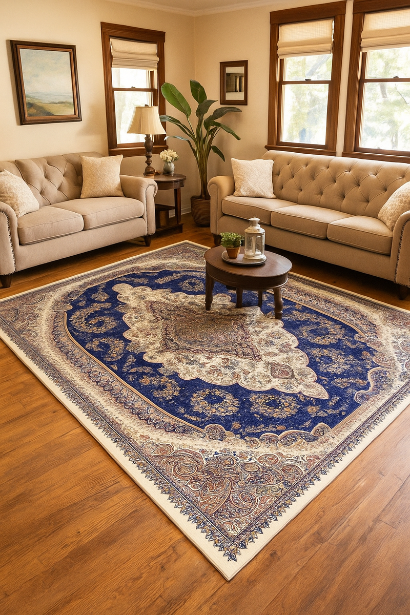 Traditional Persian Style Rug – Beige and Blue Oriental Carpet with Floral Medallion Design for Living Room or Bedroom Decor
