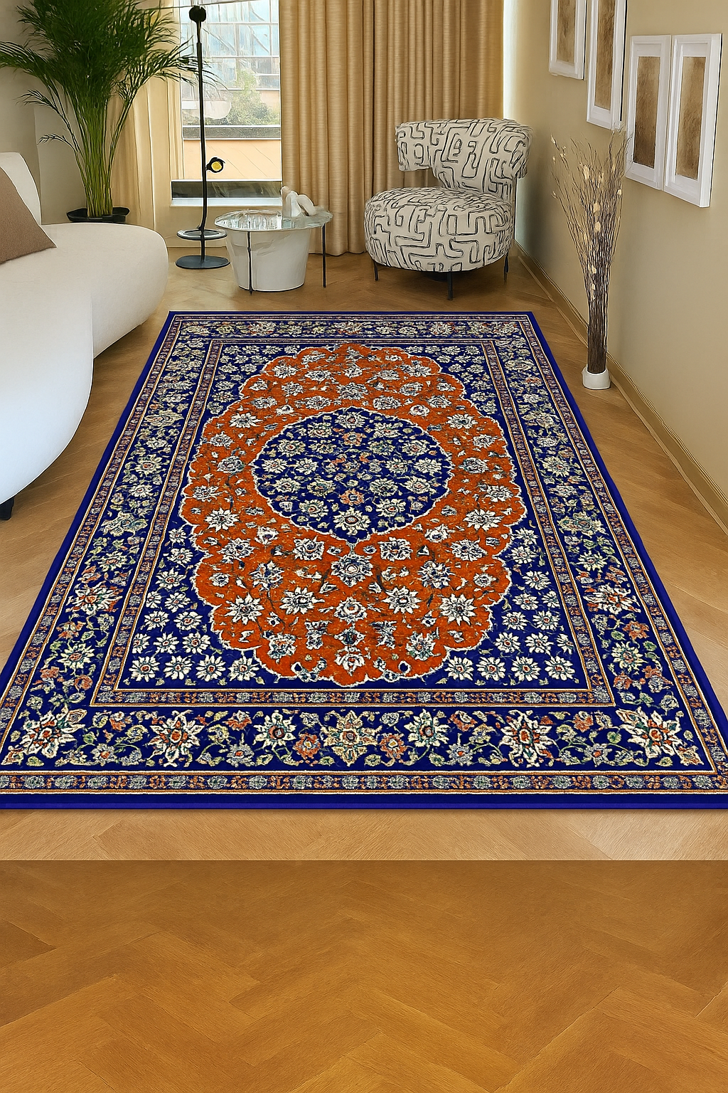 Traditional Persian Style Rug – Red and Blue Oriental Carpet with Floral Medallion Design for Living Room or Bedroom Decor
