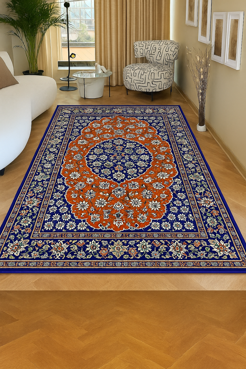 Traditional Persian Style Rug – Red and Blue Oriental Carpet with Floral Medallion Design for Living Room or Bedroom Decor