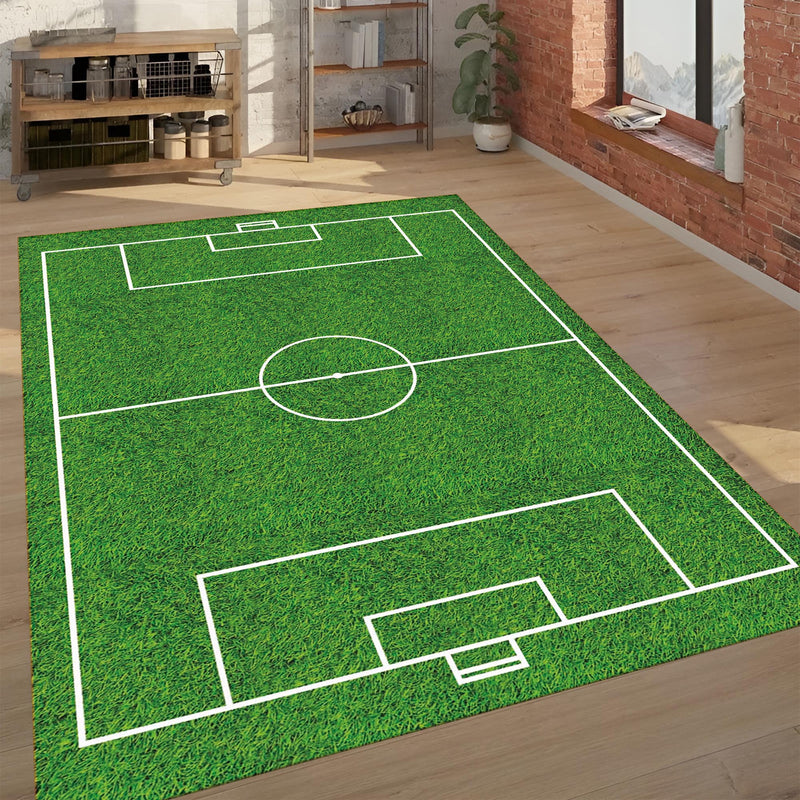 Soccer Field Area Rug | Realistic Green Grass Turf Design Floor Mat