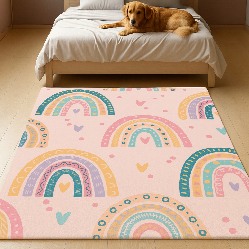 Colorful Rainbow Rug – Pastel Boho Carpet for Kids Room, Nursery, or Bedroom Decor with Cute Heart Accents