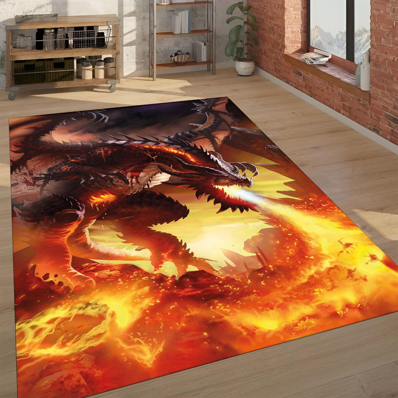 Fire Dragon Area Rug | Mythical Beast Breathing Fire Fantasy Art Floor Mat