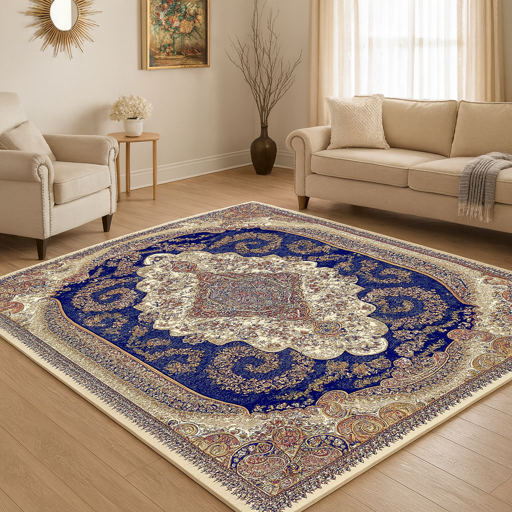 Traditional Persian Style Rug – Beige and Blue Oriental Carpet with Floral Medallion Design for Living Room or Bedroom Decor