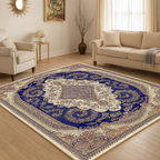 Traditional Persian Style Rug – Beige and Blue Oriental Carpet with Floral Medallion Design for Living Room or Bedroom Decor