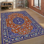 Traditional Persian Style Rug – Red and Blue Oriental Carpet with Floral Medallion Design for Living Room or Bedroom Decor