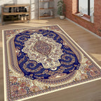 Traditional Persian Style Rug – Beige and Blue Oriental Carpet with Floral Medallion Design for Living Room or Bedroom Decor