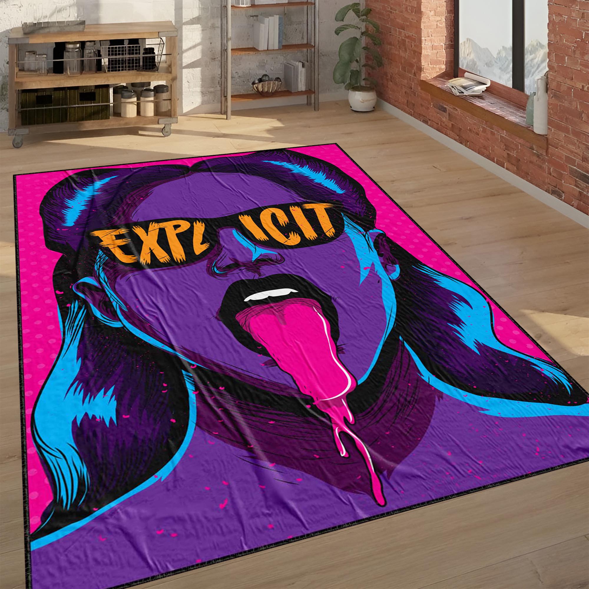 Explicit Pop Art Area Rug | Neon Purple & Pink Street Art Inspired Floor Mat