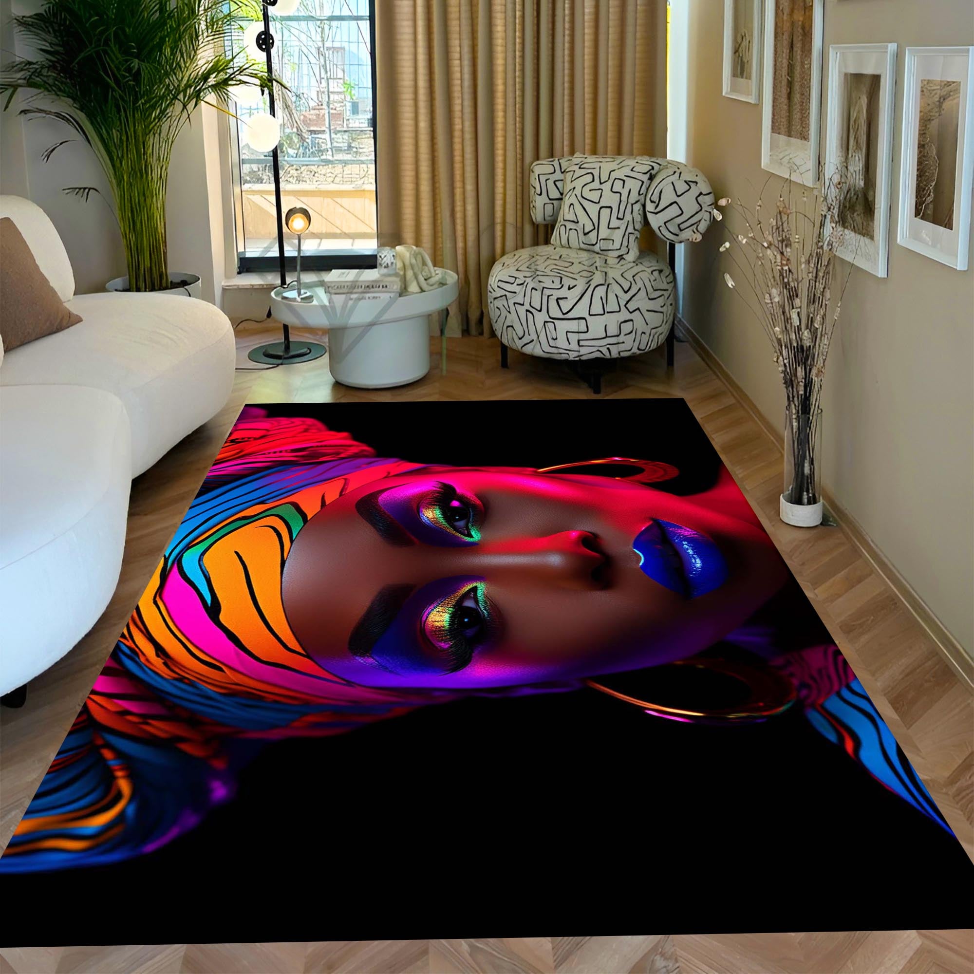 African Woman Art Rug: Black Girl Bohemian Style, Housewarming Gift Rug, Luxury Glam Decor Carpet, Elegant Living Room Bedroom Floor Mat, Unique Gift Idea (Kopya)