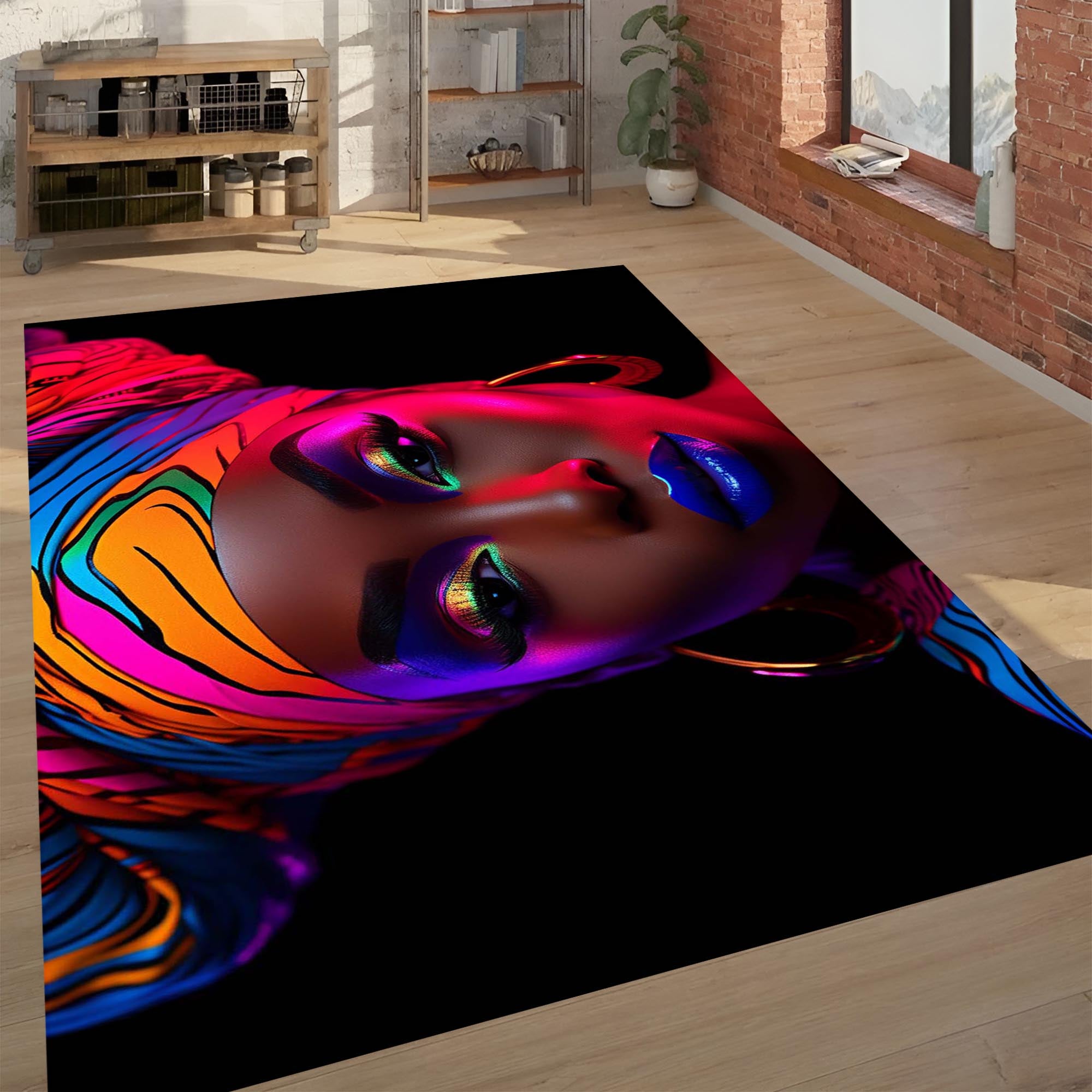 African Woman Art Rug: Black Girl Bohemian Style, Housewarming Gift Rug, Luxury Glam Decor Carpet, Elegant Living Room Bedroom Floor Mat, Unique Gift Idea (Kopya)