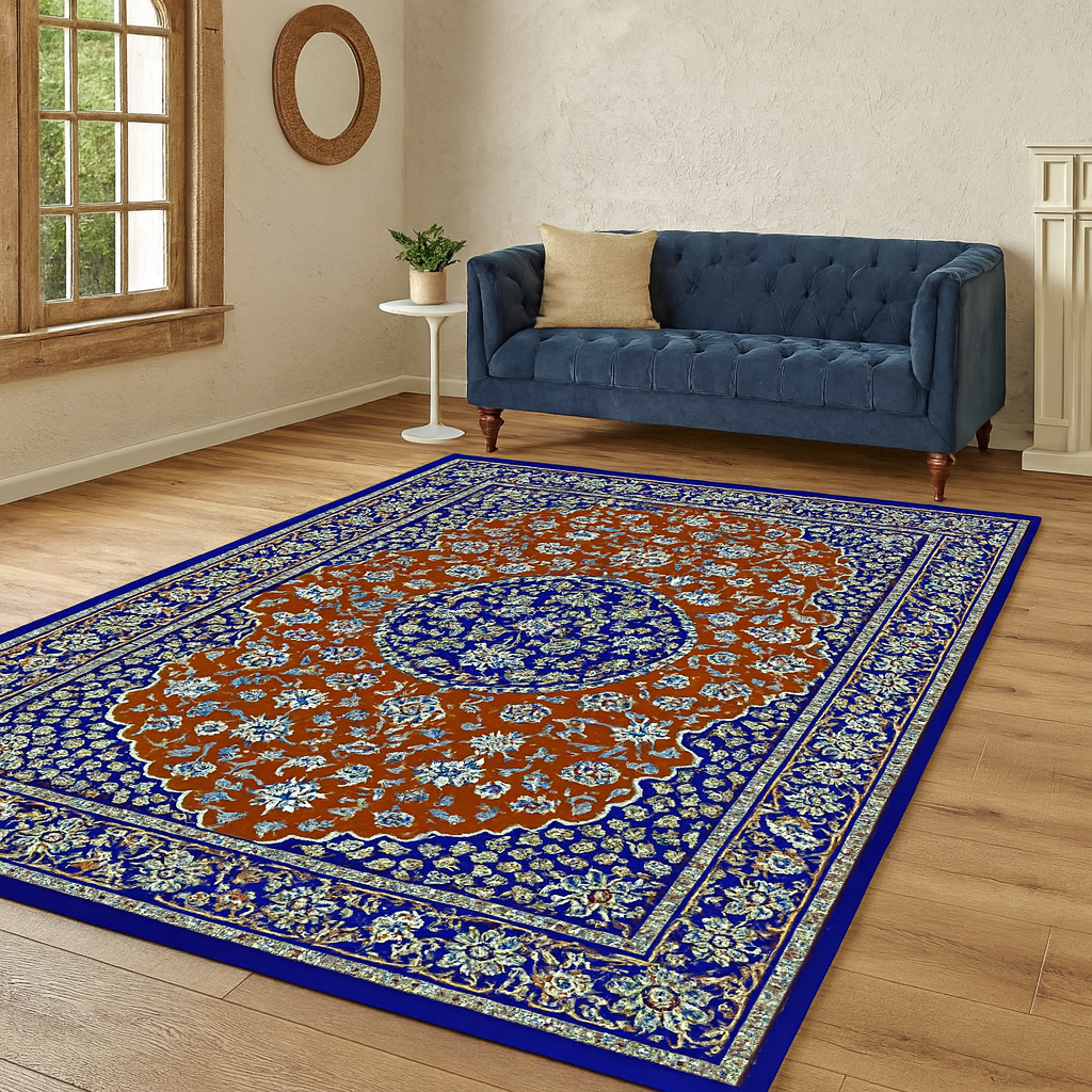 Traditional Persian Style Rug – Red and Blue Oriental Carpet with Floral Medallion Design for Living Room or Bedroom Decor
