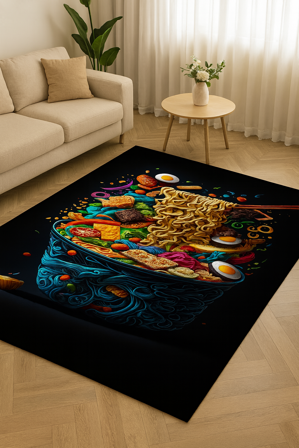Colorful Ramen Bowl Rug – Unique Food Art Carpet for Kitchen or Dining Room, Fun Noodle Design for Food Lovers