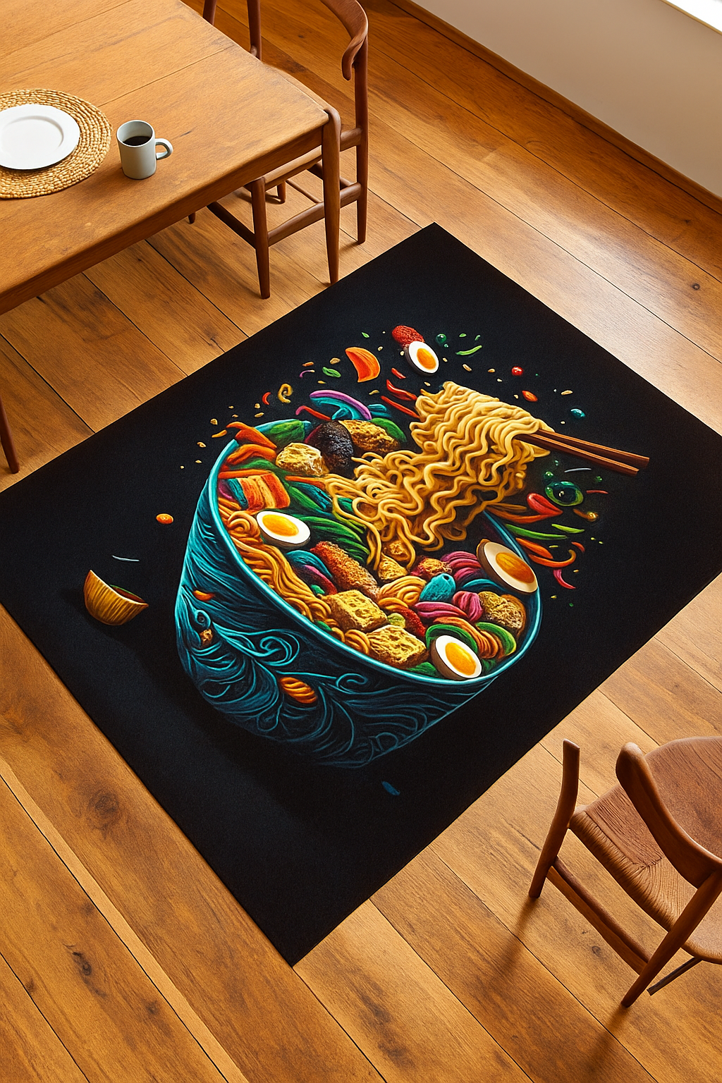 Colorful Ramen Bowl Rug – Unique Food Art Carpet for Kitchen or Dining Room, Fun Noodle Design for Food Lovers