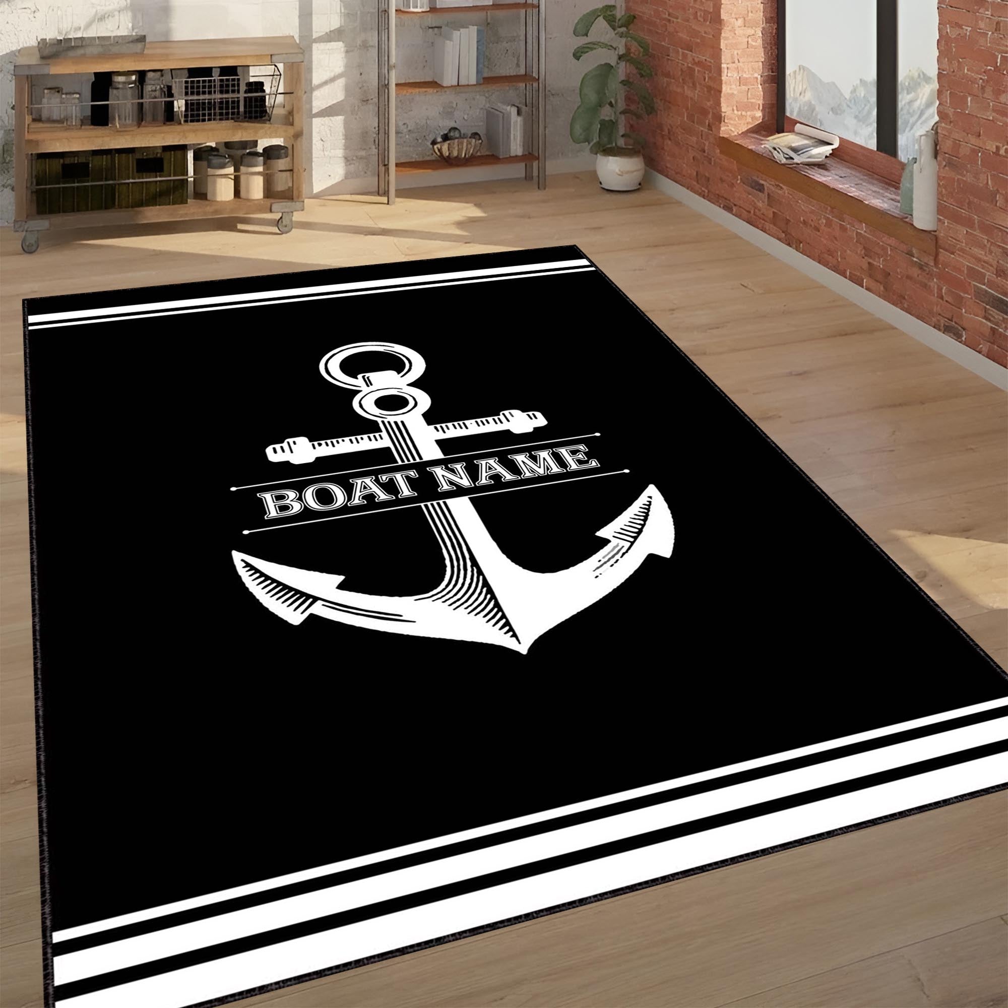 Personalized Anchor Rug – Custom Boat Name Nautical Area Rug, Black and White Maritime Decor