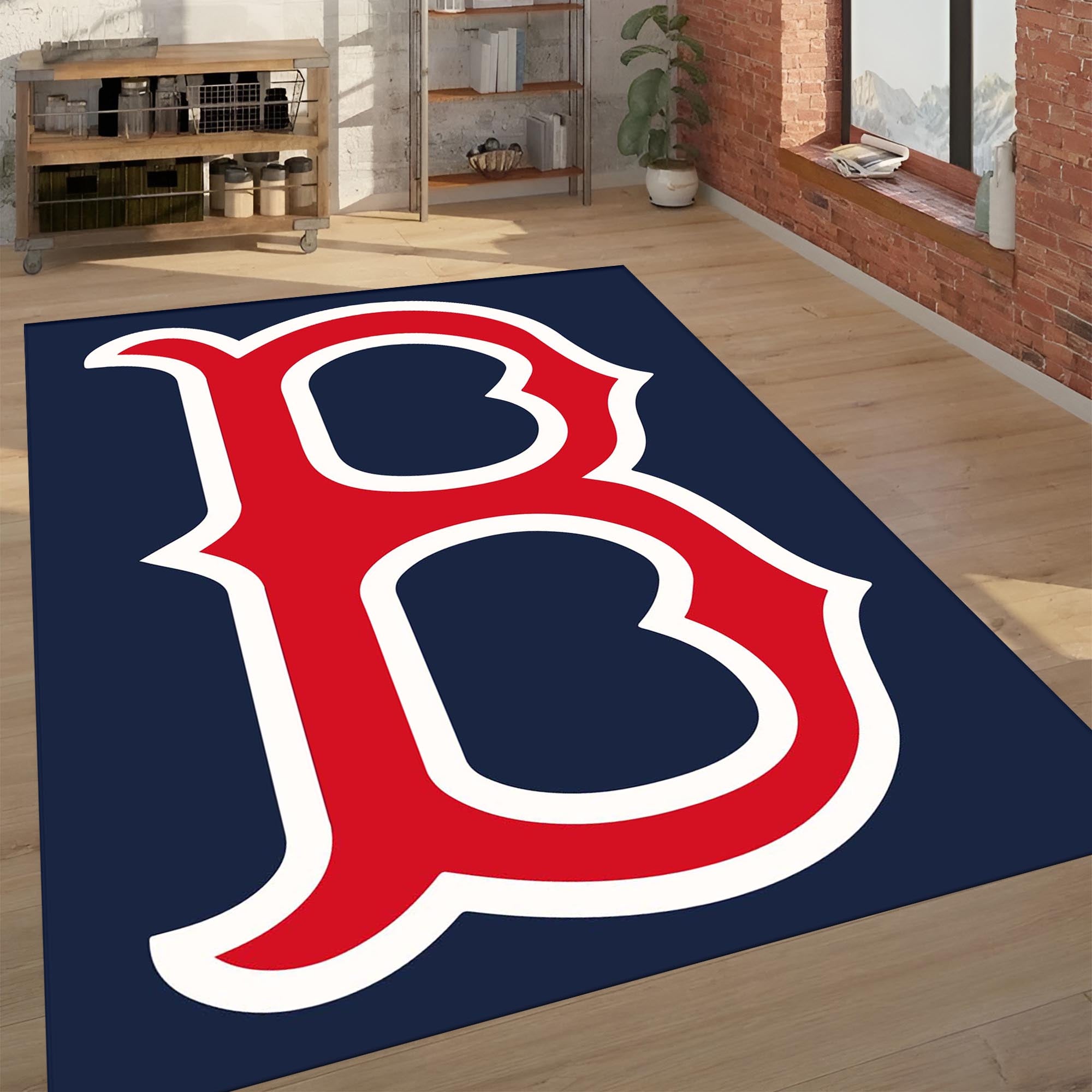 Red Letter B Sports Theme Area Rug | Navy Blue & Red Baseball Fan Decor Mat