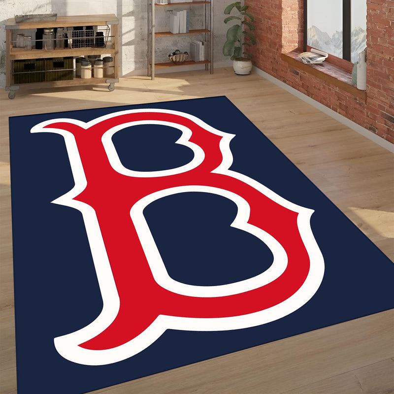 Red Letter B Sports Theme Area Rug | Navy Blue & Red Baseball Fan Decor Mat
