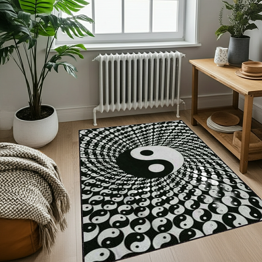 Yin Yang Mandala Rug – Black and White Meditation Carpet, Boho Zen Home Decor