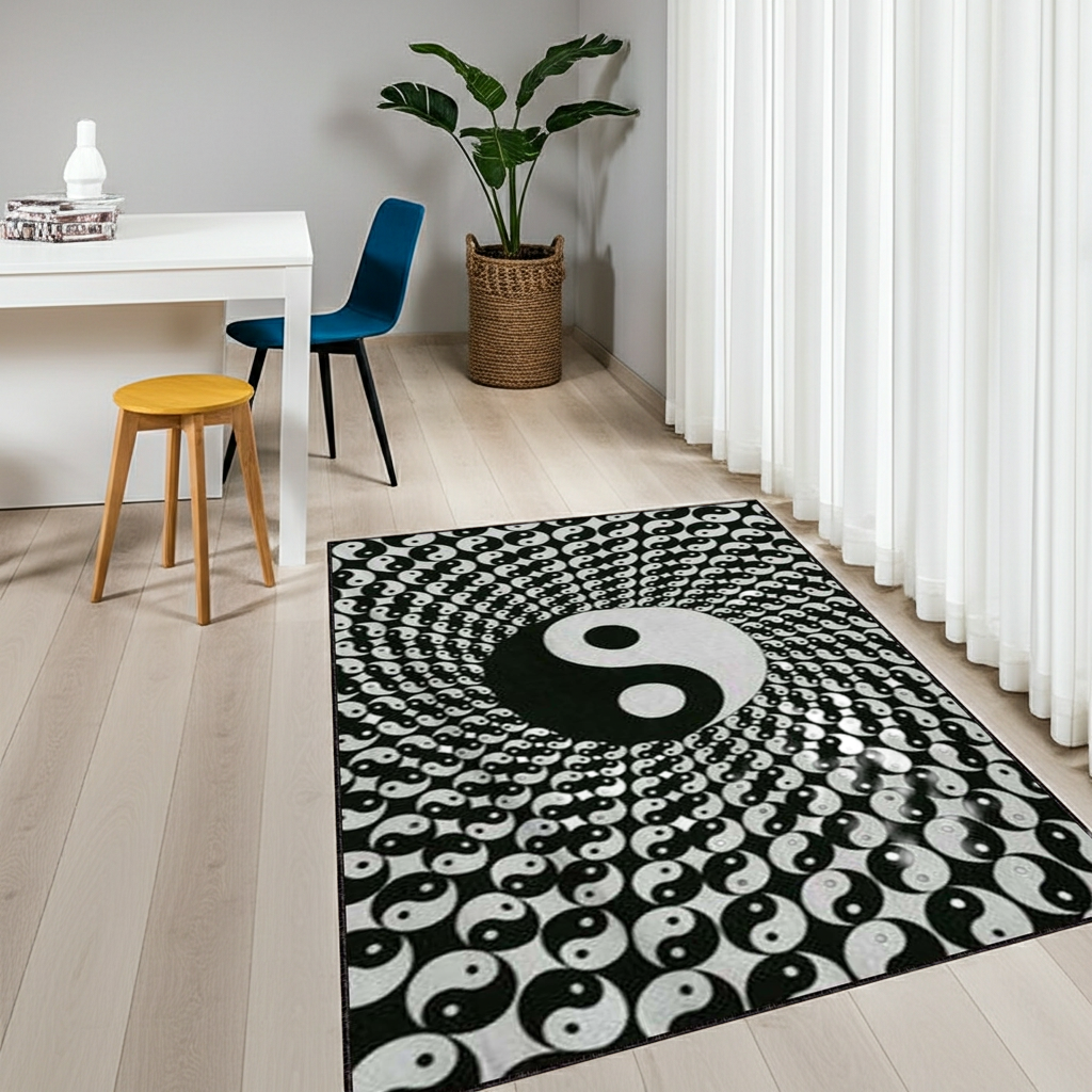 Yin Yang Mandala Rug – Black and White Meditation Carpet, Boho Zen Home Decor