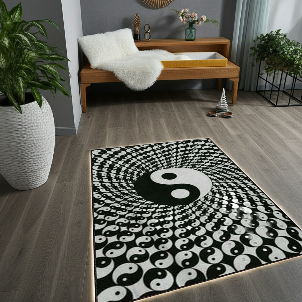 Yin Yang Mandala Rug – Black and White Meditation Carpet, Boho Zen Home Decor