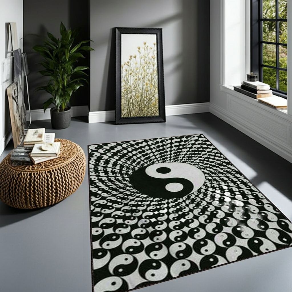 Yin Yang Mandala Rug – Black and White Meditation Carpet, Boho Zen Home Decor