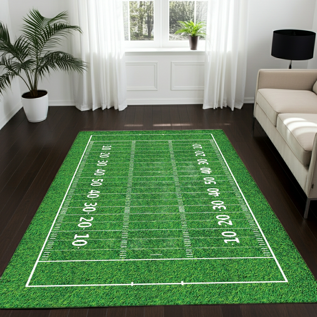 American Football Field Area Rug | NFL Theme Game Room Decor | Turf Design Green Mat