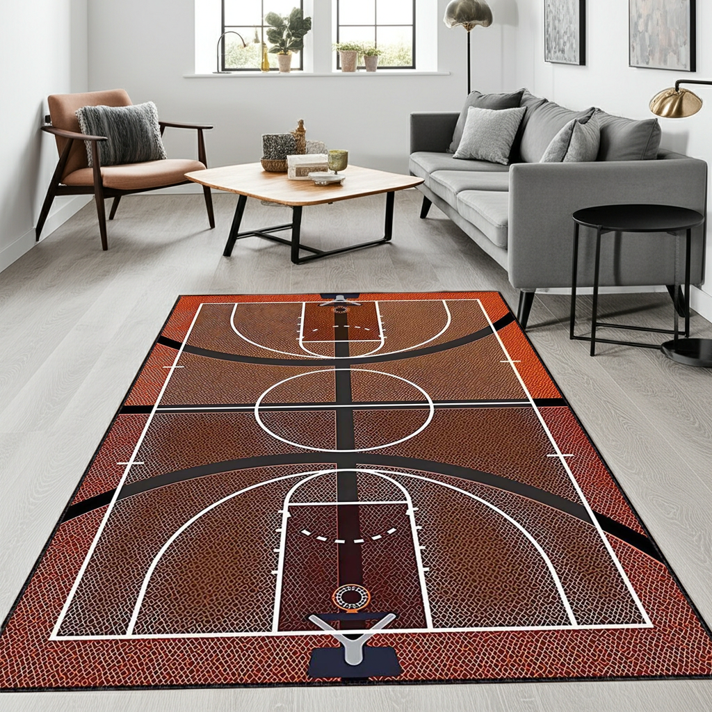 Basketball Court Area Rug | NBA Theme Sports Fan Floor Mat | Hardwood Design Carpet