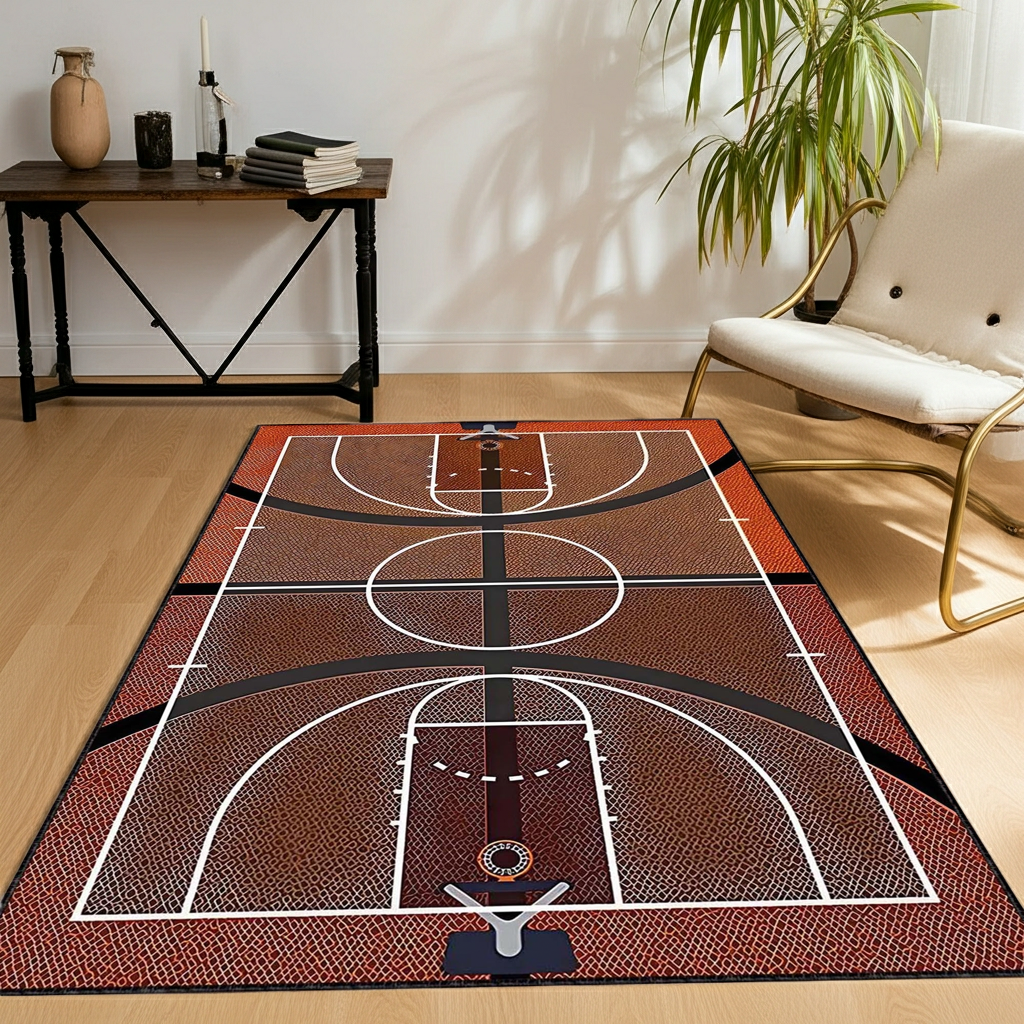 Basketball Court Area Rug | NBA Theme Sports Fan Floor Mat | Hardwood Design Carpet