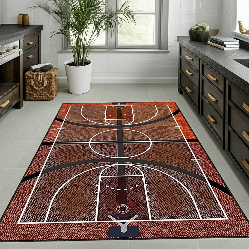Basketball Court Area Rug | NBA Theme Sports Fan Floor Mat | Hardwood Design Carpet