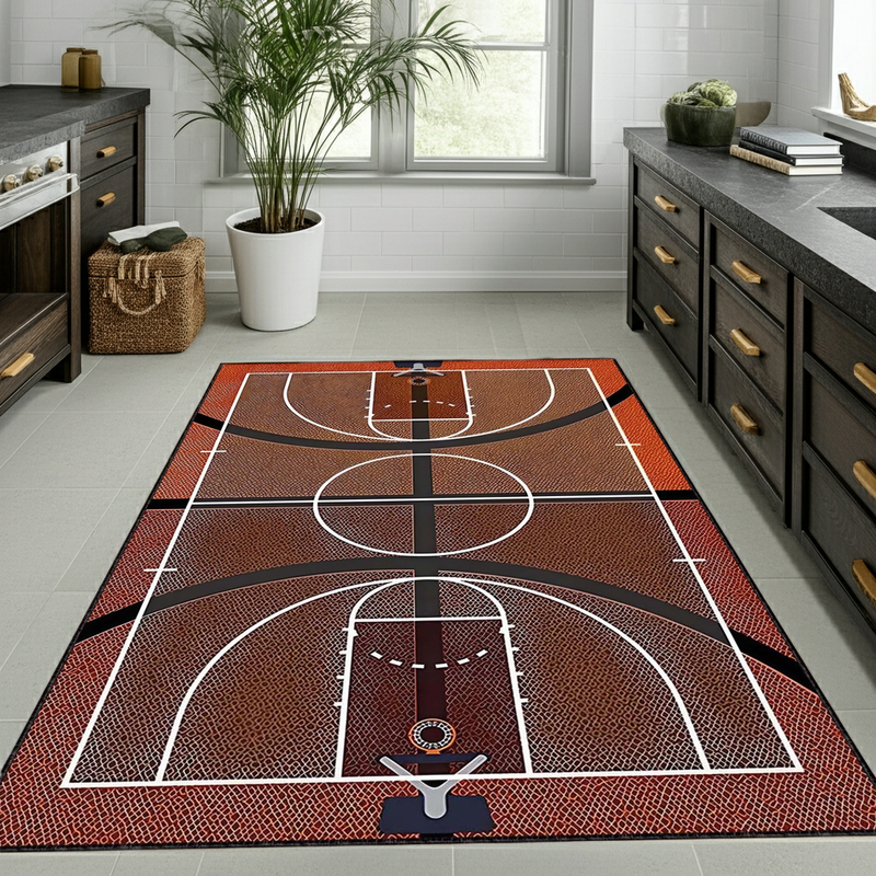 Basketball Court Area Rug | NBA Theme Sports Fan Floor Mat | Hardwood Design Carpet