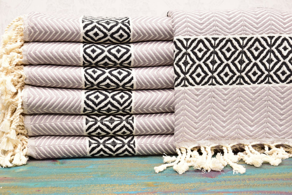 Boho Turkish Towel – Black & Beige Diamond Pattern Cotton Towel, Personalized Gift for Her, Spa or Bridesmaid Gift, Handmade Home Decor Accent