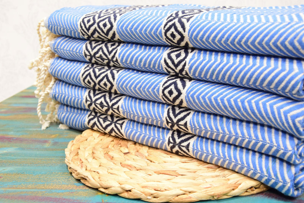 Blue Turkish Towel – Handmade Cotton Bath & Spa Towel with Black Diamond Design, Personalized Gift for Her, Bridesmaid Gift, Luxury Home Decor Accent