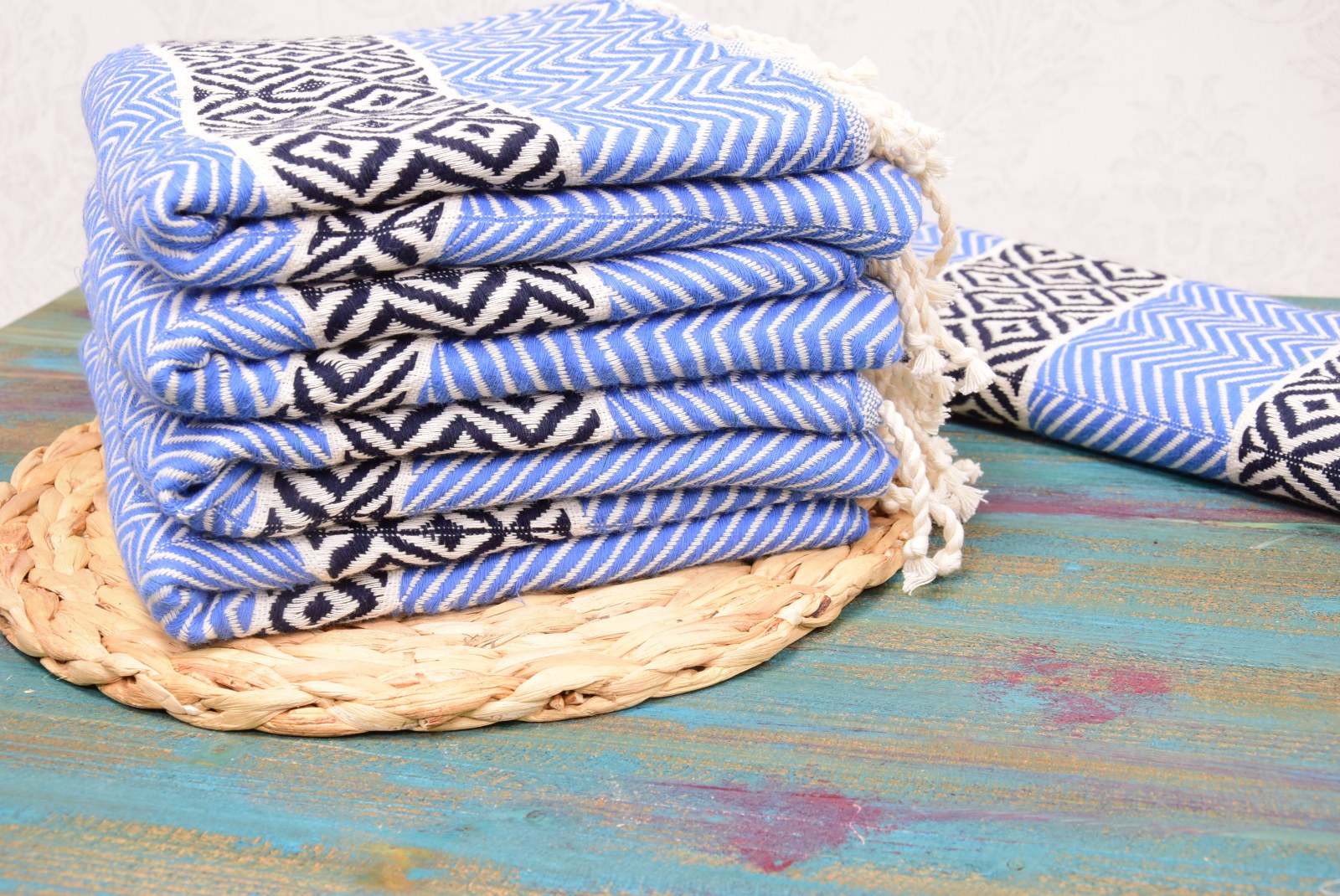 Blue Turkish Towel – Handmade Cotton Bath & Spa Towel with Black Diamond Design, Personalized Gift for Her, Bridesmaid Gift, Luxury Home Decor Accent