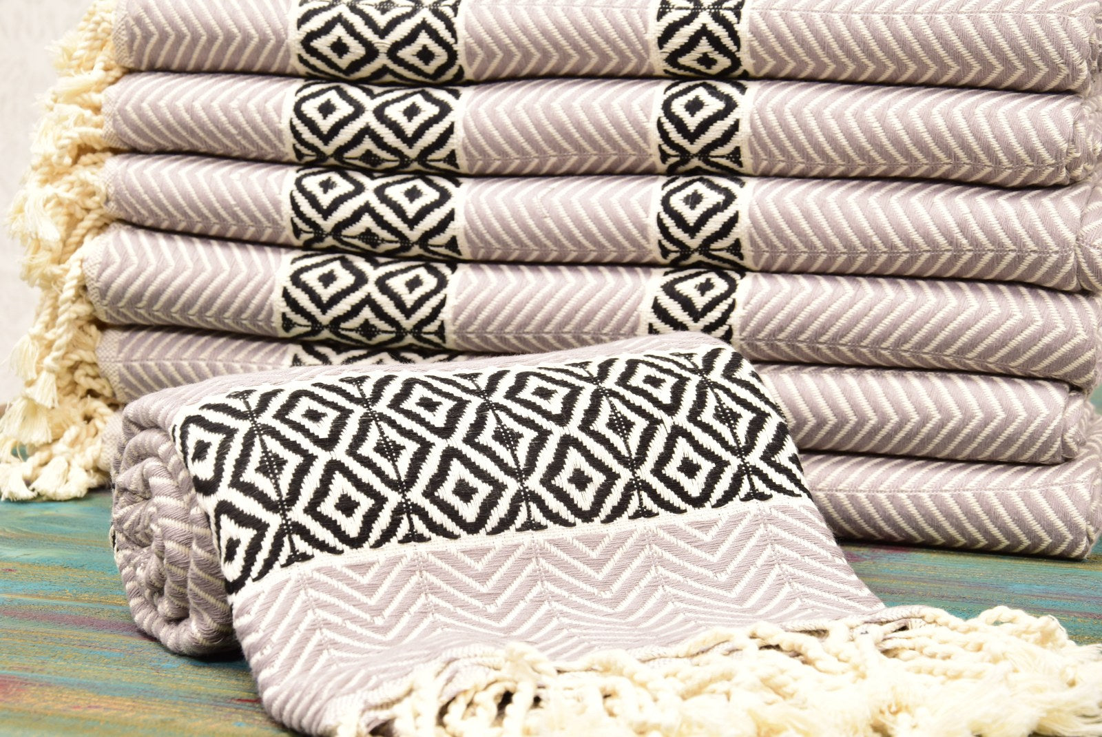 Boho Turkish Towel – Black & Beige Diamond Pattern Cotton Towel, Personalized Gift for Her, Spa or Bridesmaid Gift, Handmade Home Decor Accent