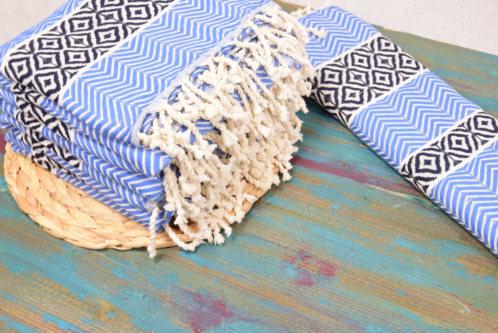 Blue Turkish Towel – Handmade Cotton Bath & Spa Towel with Black Diamond Design, Personalized Gift for Her, Bridesmaid Gift, Luxury Home Decor Accent