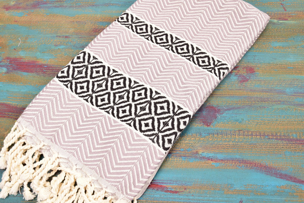 Boho Turkish Towel – Black & Beige Diamond Pattern Cotton Towel, Personalized Gift for Her, Spa or Bridesmaid Gift, Handmade Home Decor Accent