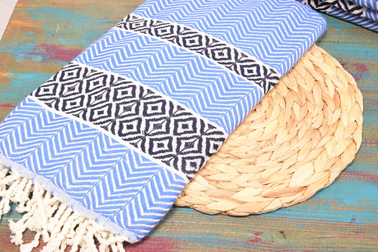 Blue Turkish Towel – Handmade Cotton Bath & Spa Towel with Black Diamond Design, Personalized Gift for Her, Bridesmaid Gift, Luxury Home Decor Accent