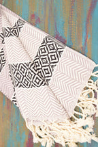 Boho Turkish Towel – Black & Beige Diamond Pattern Cotton Towel, Personalized Gift for Her, Spa or Bridesmaid Gift, Handmade Home Decor Accent