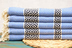 Blue Turkish Towel – Handmade Cotton Bath & Spa Towel with Black Diamond Design, Personalized Gift for Her, Bridesmaid Gift, Luxury Home Decor Accent