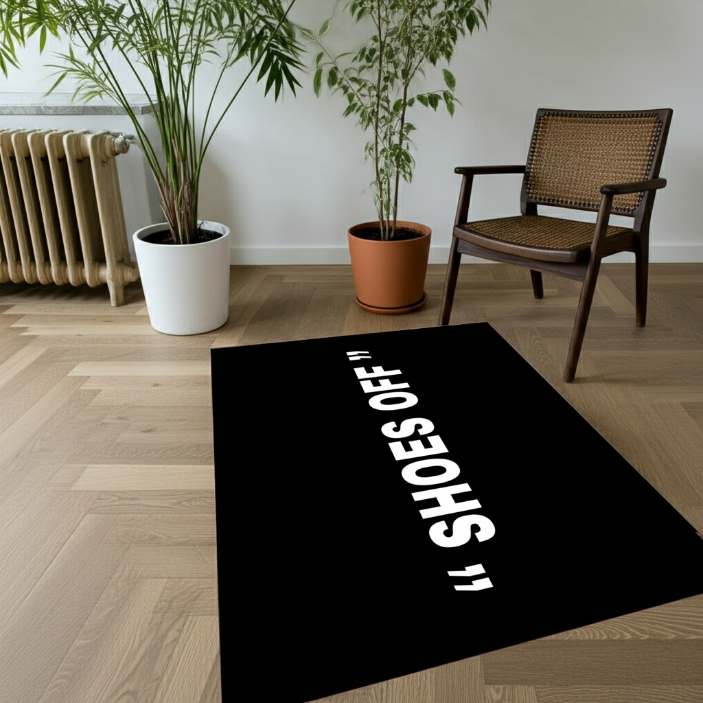 Black and White "Shoes Off" Statement Rug | Home Rule & Clean Floor Decor