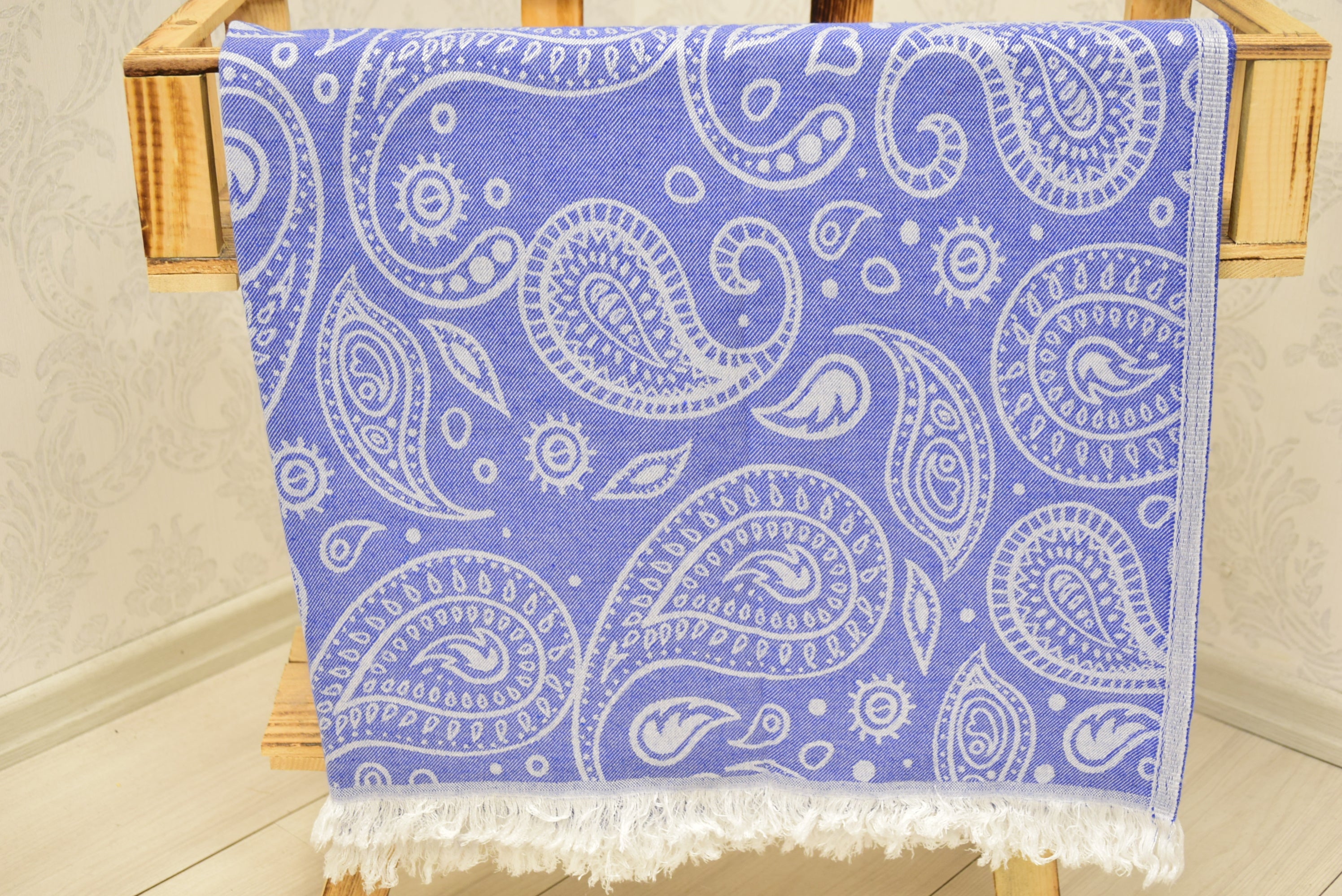 Blue Paisley Turkish Towel – Soft Cotton Peshtemal, Lightweight Spa & Travel Towel, Personalized Gift for Her”