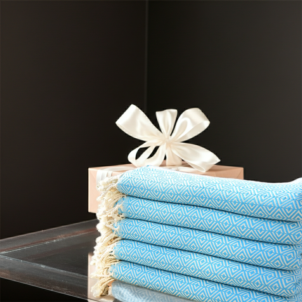 Aqua Blue Diamond Turkish Towel – Soft Cotton Hammam Towel, Lightweight Spa & Bath Towel, Personalized Gift for Her, Bridesmaid or Beach Home Decor