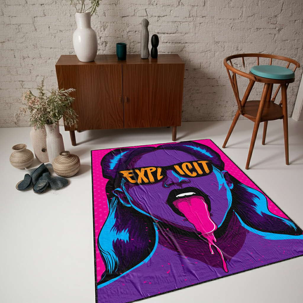 Explicit Pop Art Area Rug | Neon Purple & Pink Street Art Inspired Floor Mat