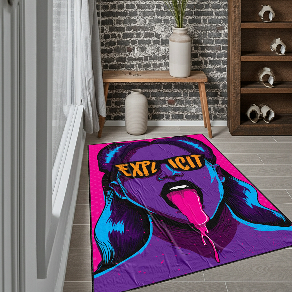 Explicit Pop Art Area Rug | Neon Purple & Pink Street Art Inspired Floor Mat