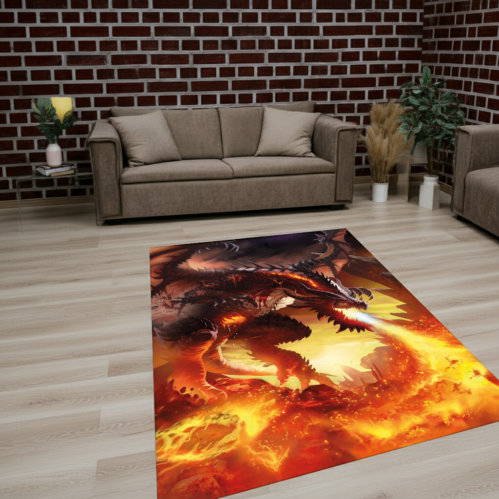 Fire Dragon Area Rug | Mythical Beast Breathing Fire Fantasy Art Floor Mat