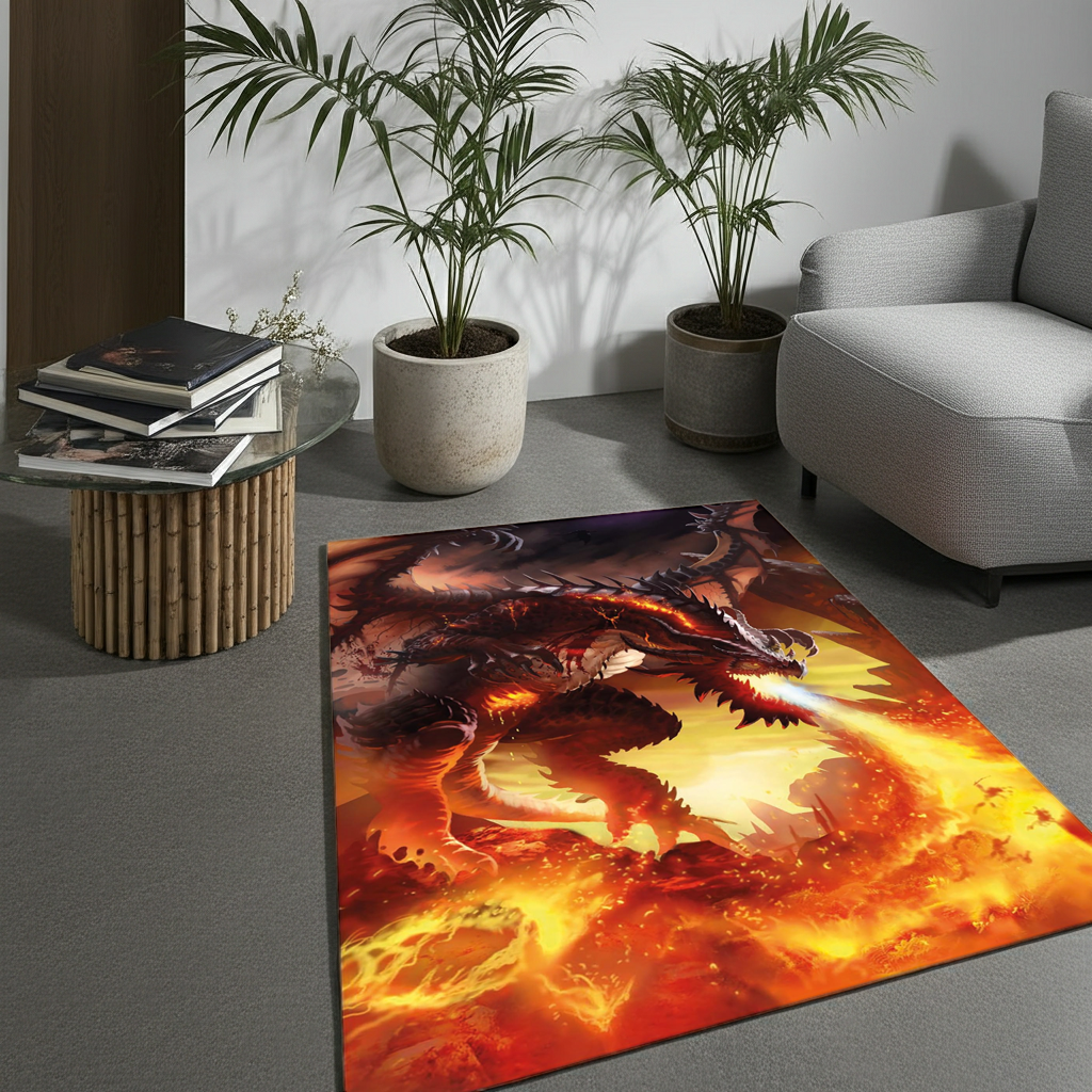 Fire Dragon Area Rug | Mythical Beast Breathing Fire Fantasy Art Floor Mat