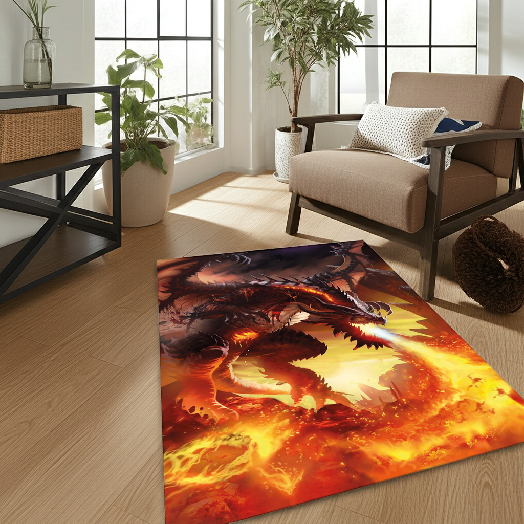 Fire Dragon Area Rug | Mythical Beast Breathing Fire Fantasy Art Floor Mat