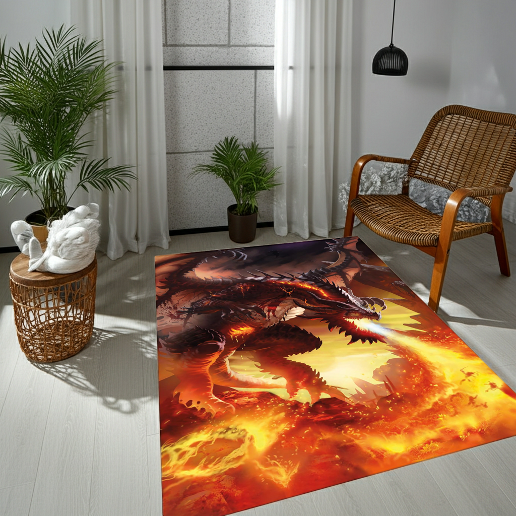 Fire Dragon Area Rug | Mythical Beast Breathing Fire Fantasy Art Floor Mat